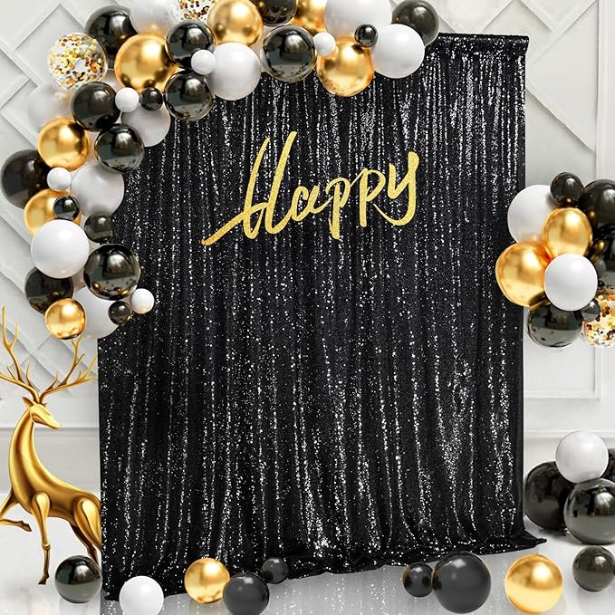 Black Sequin Backdrop Curtain 7ft x 7ft Glitter Photo Booth Backdrop for Wedding Birthday Baby Shower Event Decorations