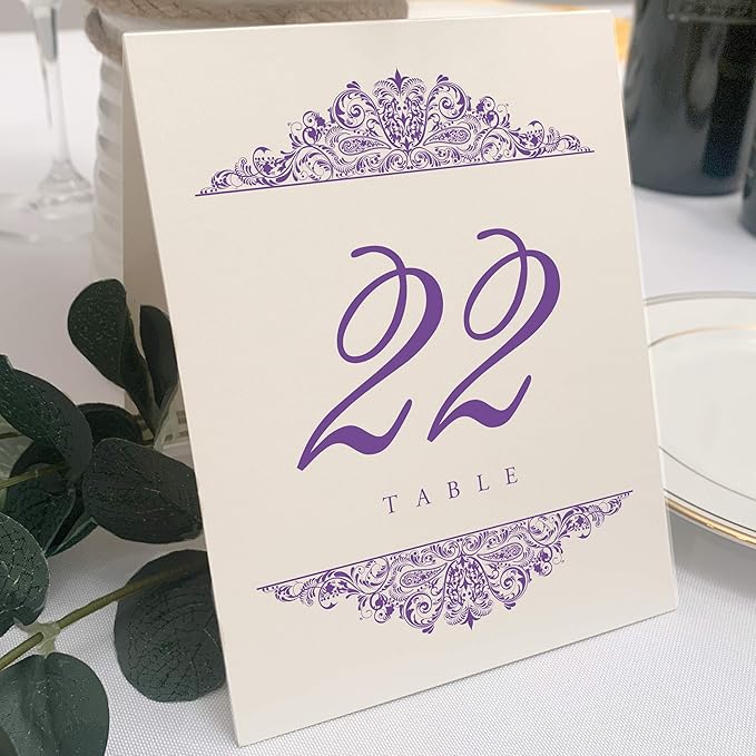 Paisley Wedding Table Numbers (Select Color/Quantity), Champagne, Purple, 1-60, Double Sided, Tent or Use in a Stand, Great for Parties & Restaurants - Made in the USA