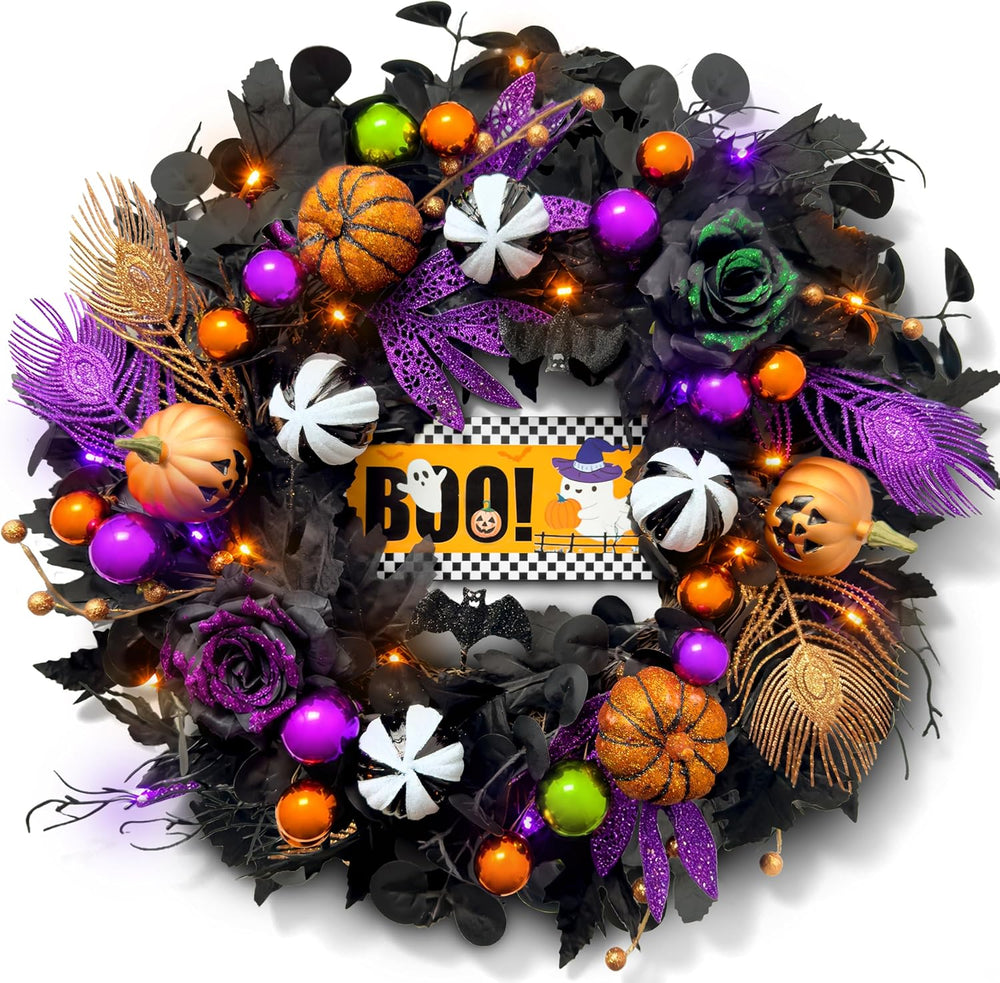 24'' Halloween Wreath for Front Door with Orange Purple Lights