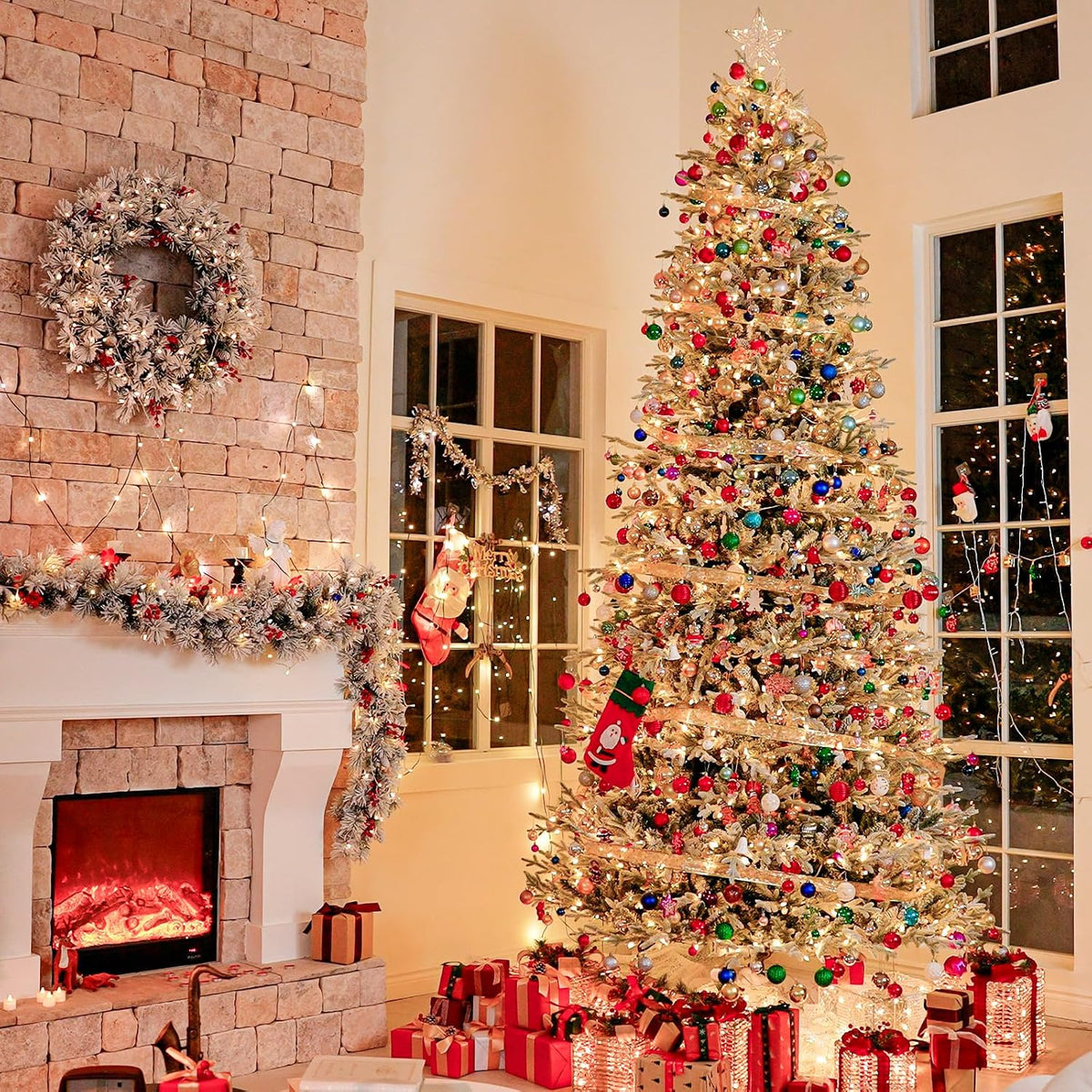 Hykolity 7.5 ft Prelit Flocked Christmas Tree with Realistic PE Foliage