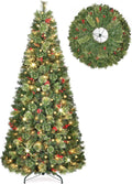 OasisCraft Christmas Tree, 6 FT Prelit Pop Up Christmas Tree with Lights, Artificial Christmas Tree Decorated with Berries and Pine Cones, Tall Foldable Tree with Metal Base, Green for Outdoor Indoor