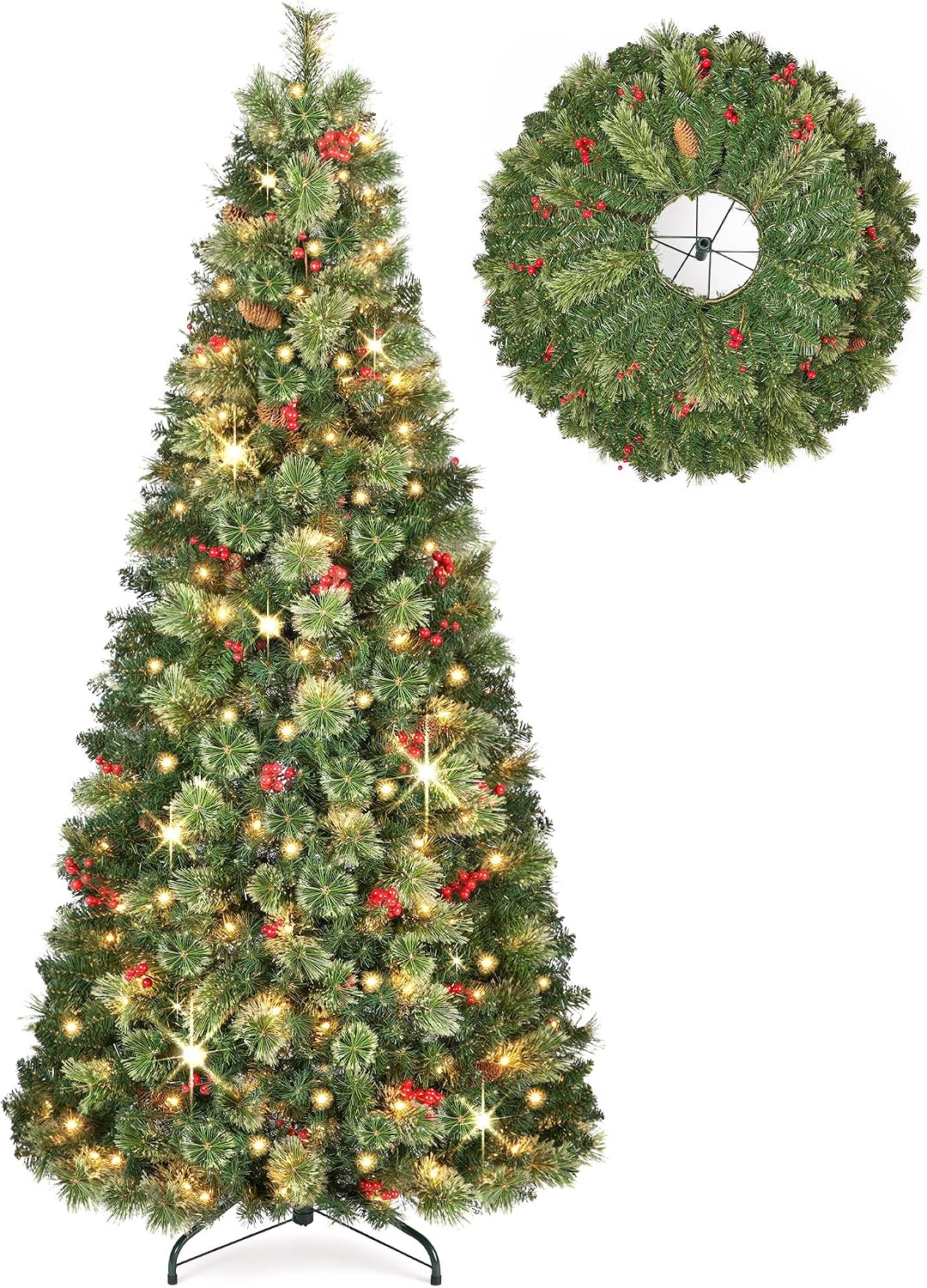 OasisCraft Christmas Tree, 6 FT Prelit Pop Up Christmas Tree with Lights, Artificial Christmas Tree Decorated with Berries and Pine Cones, Tall Foldable Tree with Metal Base, Green for Outdoor Indoor
