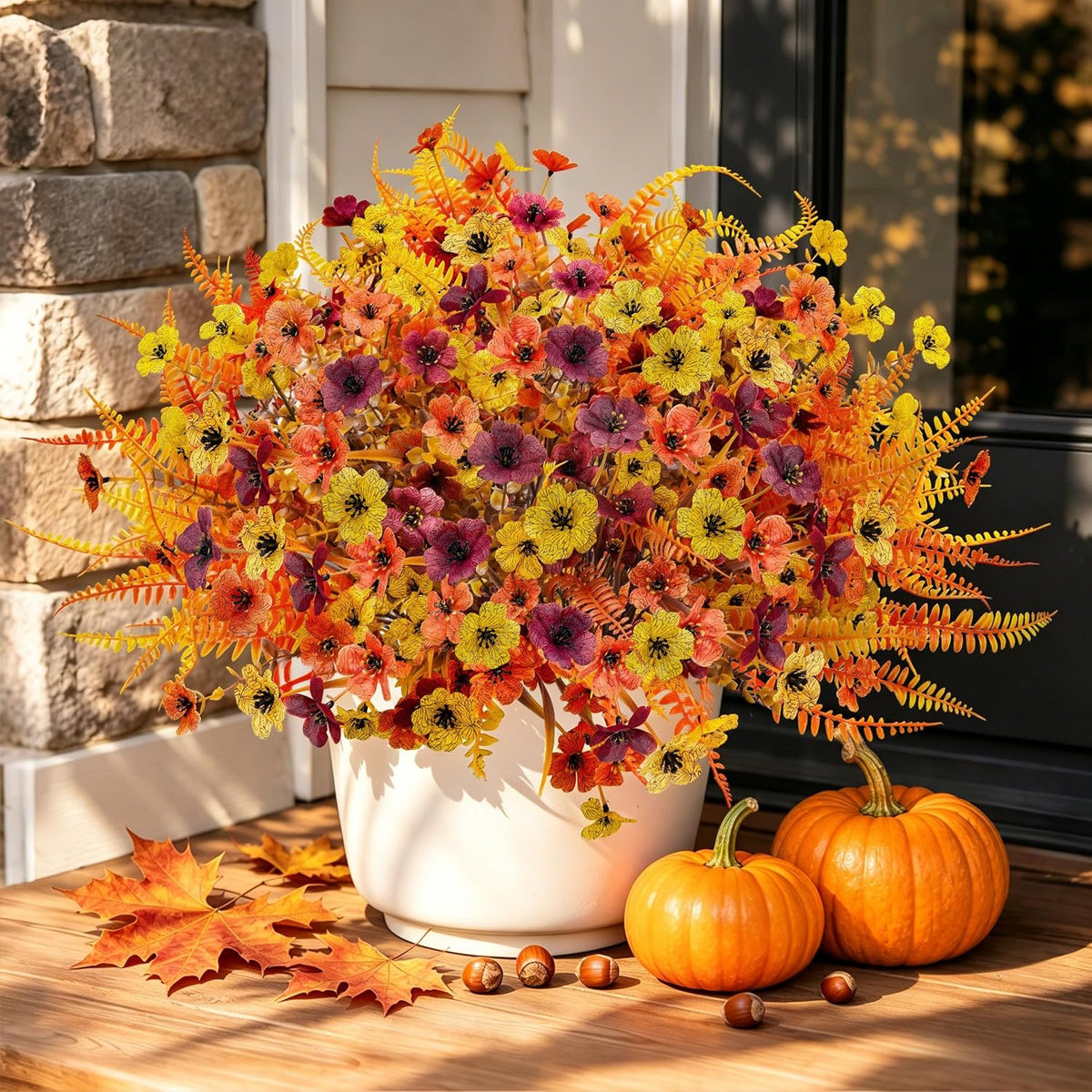 Der Rose 24Pcs Artificial Fall Flowers for Outdoors, Fake Mums and Ferns