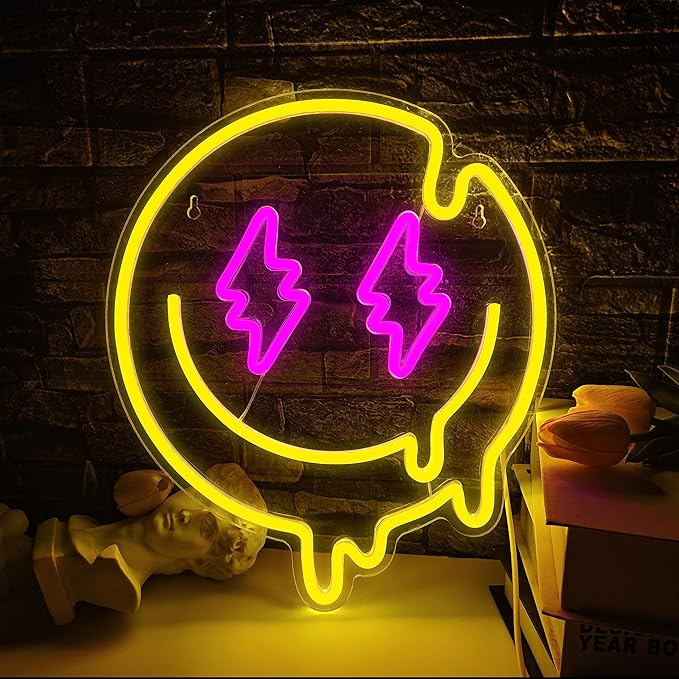 Melting Smile Face Neon Sign Dimmable Melted Smiling Face Neon Signs for Wall Decor Neon Smile Light Signs for Kids Room Party Bedroom Wall Art Decor USB Powered Holiday Gift