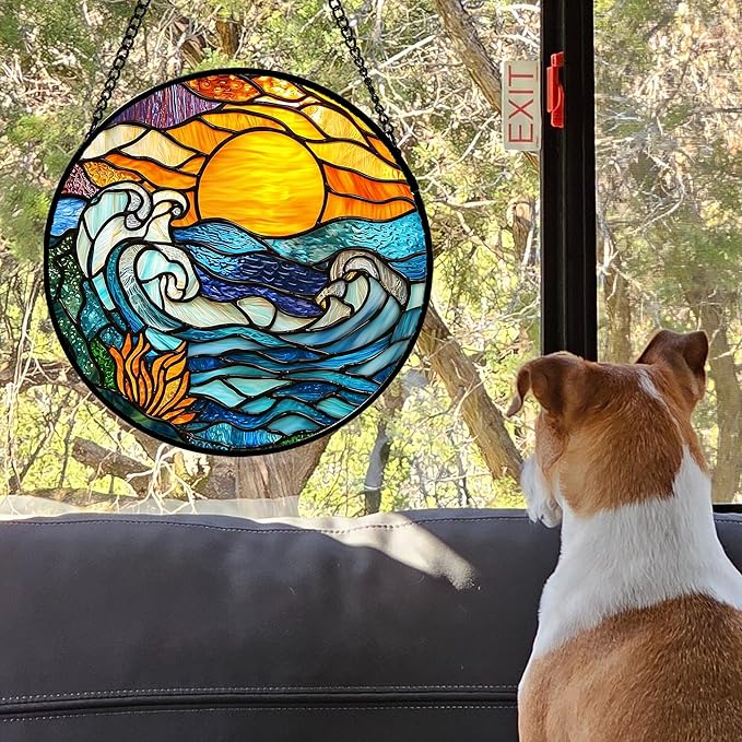 Stained Glass Window Hanging, Orange Sun Blue Sea Waves Landscape Suncatcher for Doors Window Home Sun Catchers Decor Mother's Day Birthday Gifts for Women, Men Mom 15 in