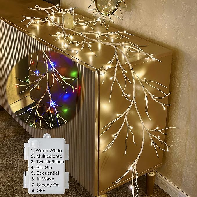 Hairui Lighted Birch Garland Battery Operated with 8 Function 48 Warm White and Multi Color Lights 6FT, Pre Lit Garland for Fireplace Christmas Holiday Decoration Indoor Outdoor