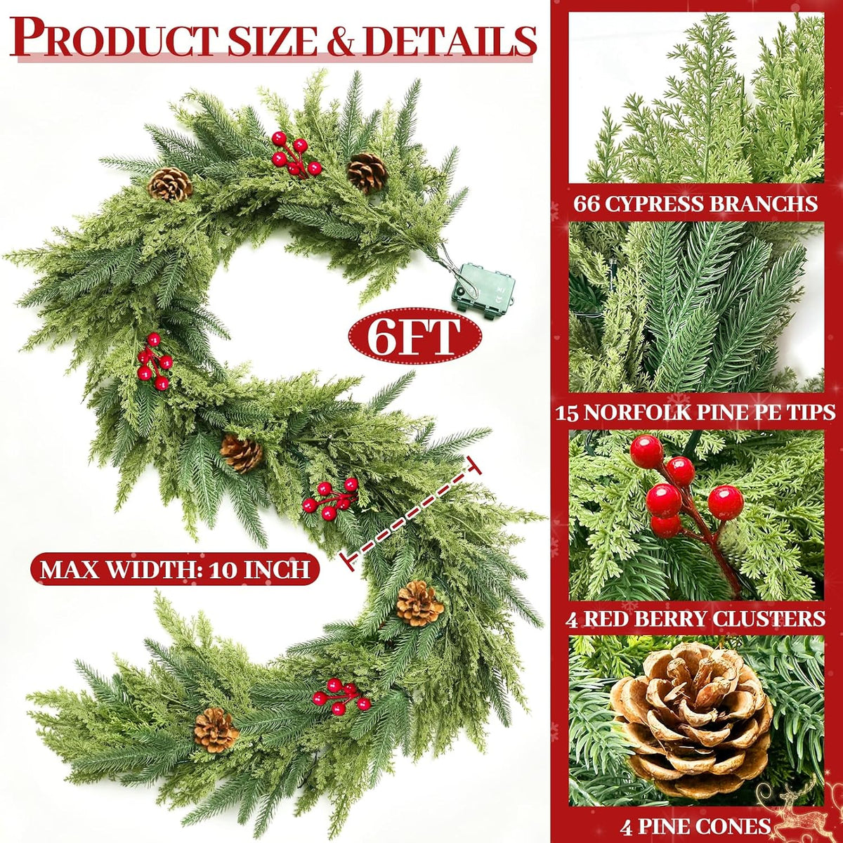 Timer 6 Ft by 12 in Lighted Christmas Garland Real Touch Cedar Garland
