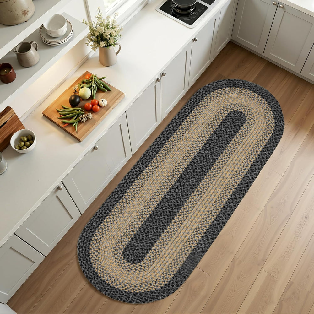 RCTJHOME 2x6 Oval Braided Runner Rug, Brown Black Farmhouse Kitchen Mat