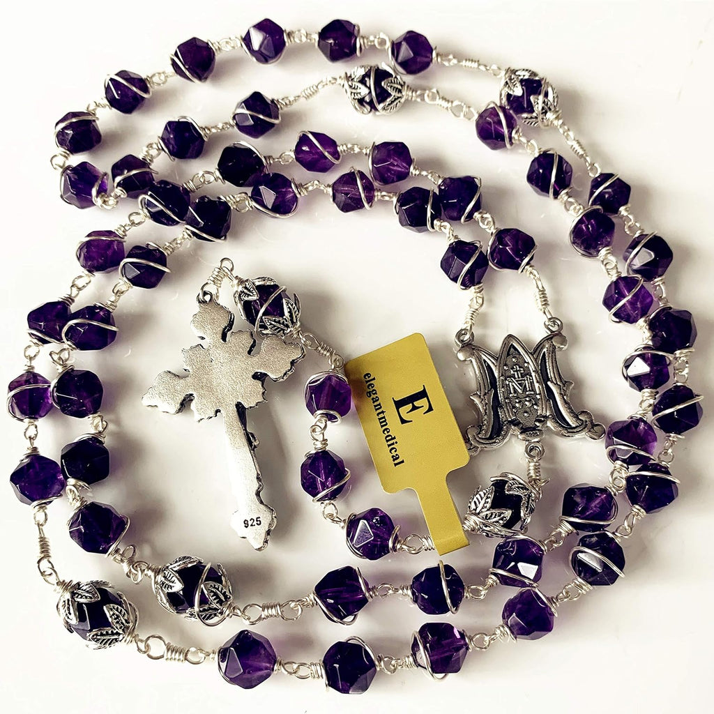 elegantmedical handmade amethyst rosary beads necklace 925 sterling, close-up detail