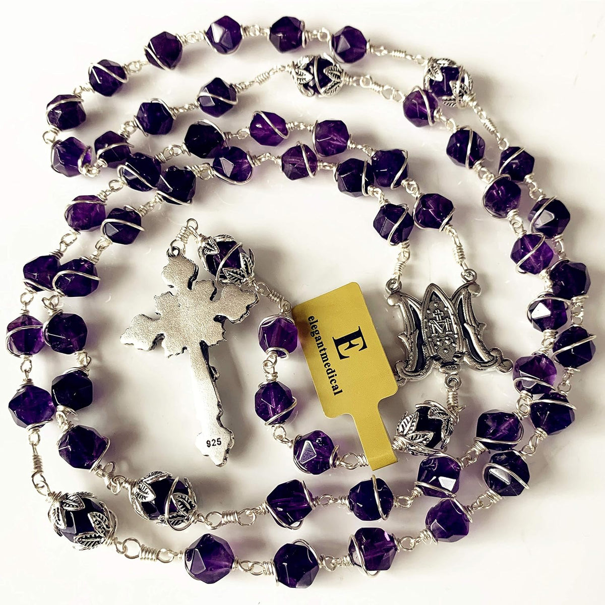 elegantmedical handmade amethyst rosary beads necklace 925 sterling, close-up detail
