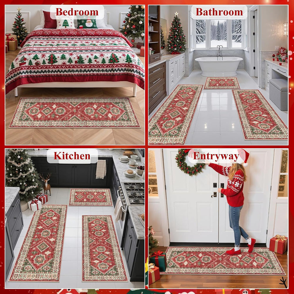 HEBE Christmas Kitchen Rugs Set of 3, Red Washable Kitchen Mats for Floor