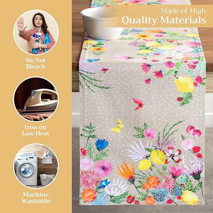 Maison d' Hermine Table Runner 100% Cotton Double Layer Table Runners 108 inches Long Decorative for Home Kitchen Dining Party Wedding Bridal Shower Spring Summer (Jardin D'Ete - Fog, 14.50" x 108")