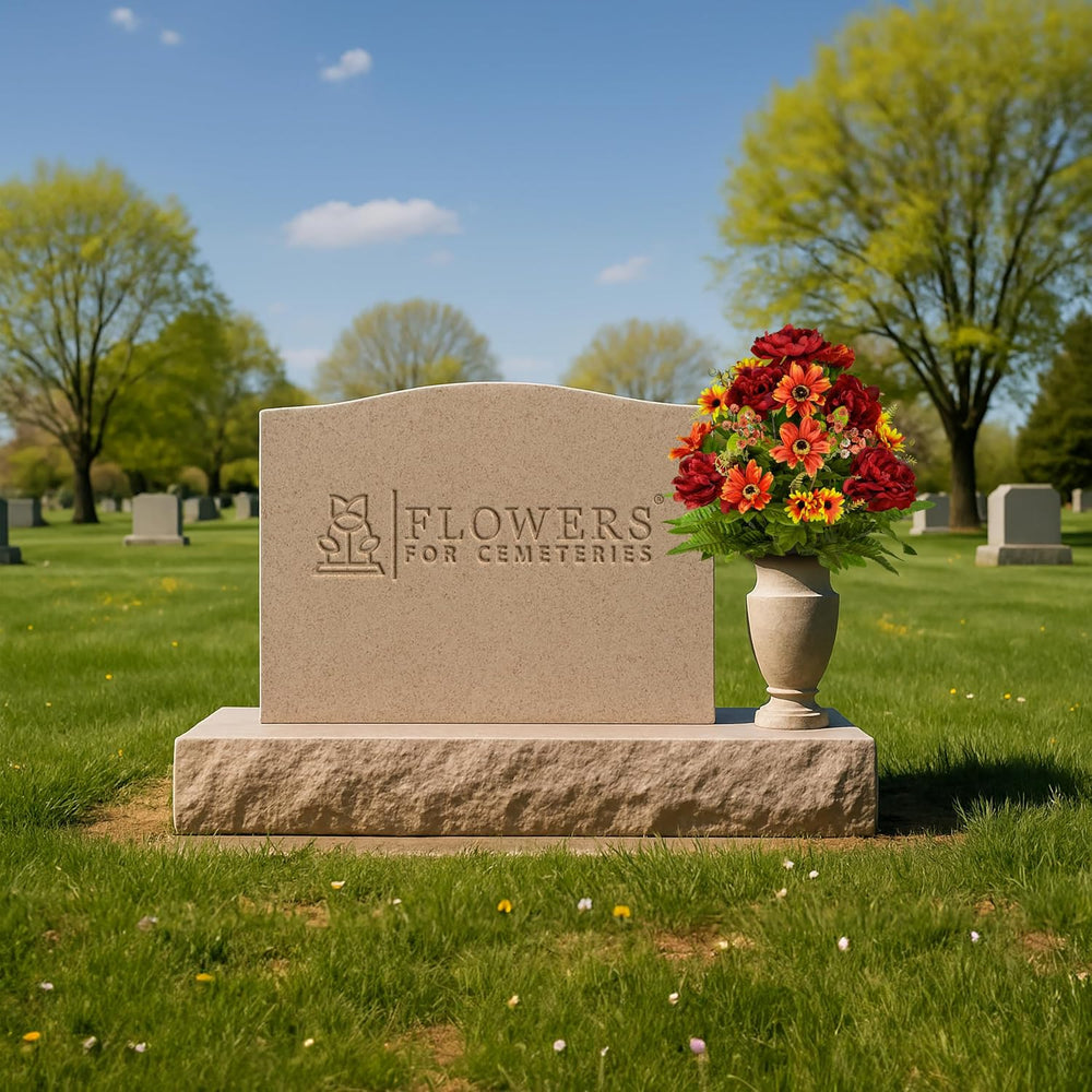Cemetery Flowers for Grave, Burgundy Peony & Orange Daisy