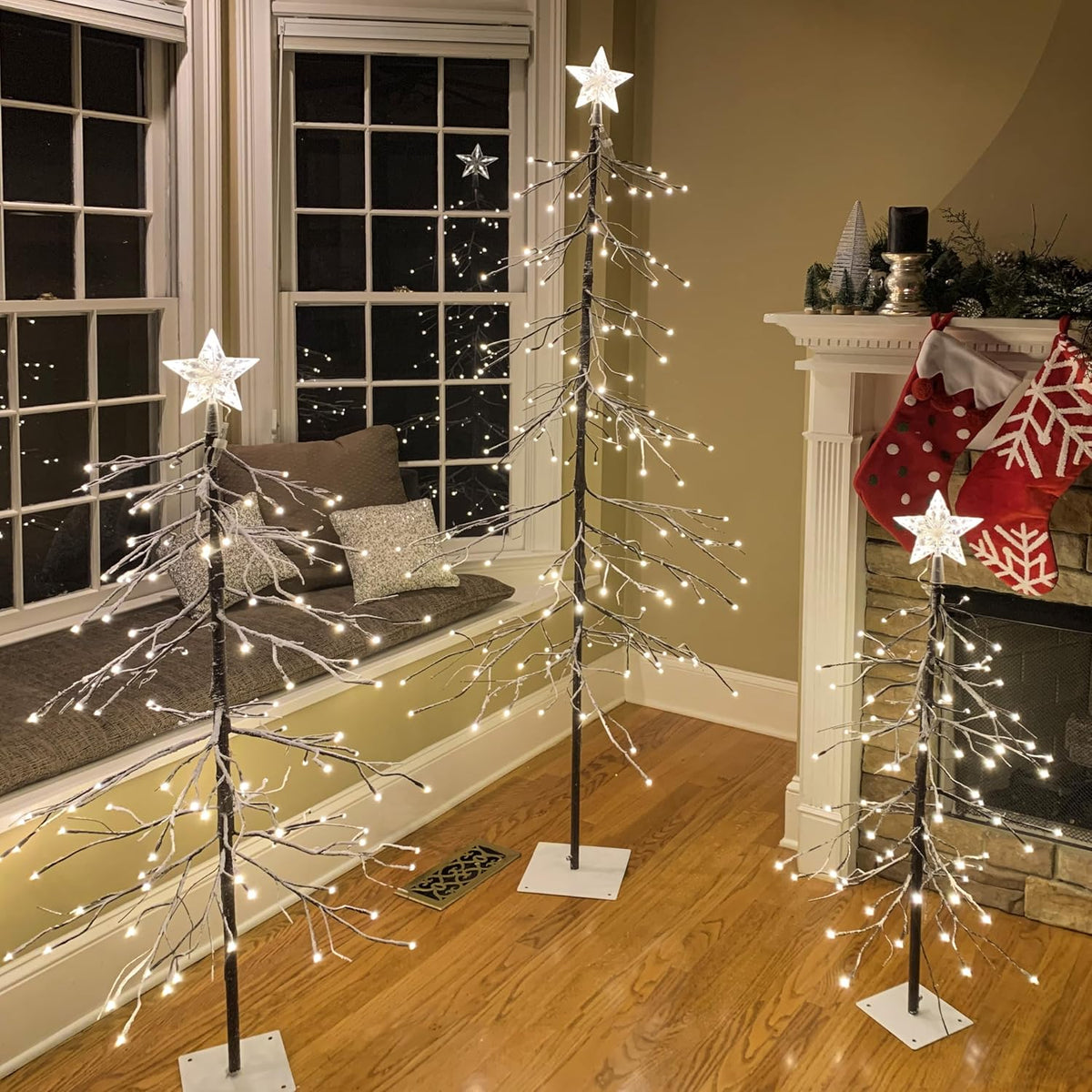 Set of 3 Lighted Snow Tree 3FT 4FT and 6FT LED Artificial Tree for Decoration Inside and Outside Home Patio Christmas Wedding Festival Decor Warm White