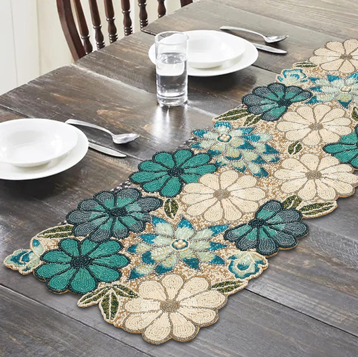 lightnpro Chrtistmas Beaded Table Runner, Christmas Table Runner, Rustic Farmhouse Hand Beaded Runner to Decorate Xmas Wedding Family Party Thanksgiving Dinner Table Décor - 13x36 Inch - Teal Combo
