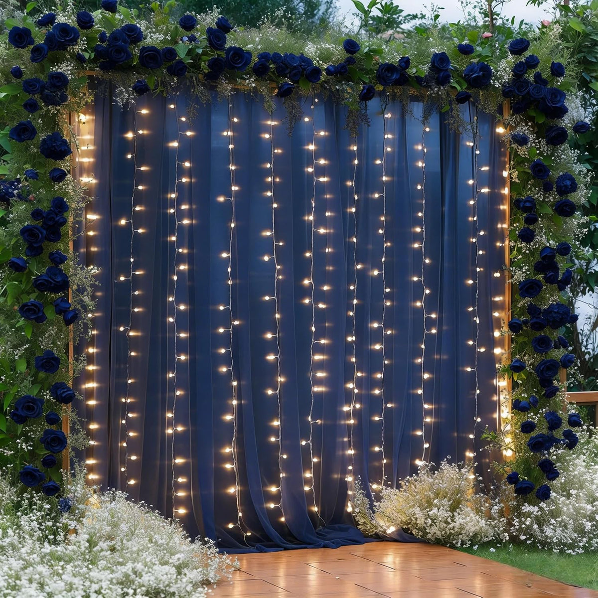 30×10ft navy blue tulle backdrop curtain with lights, close-up detail