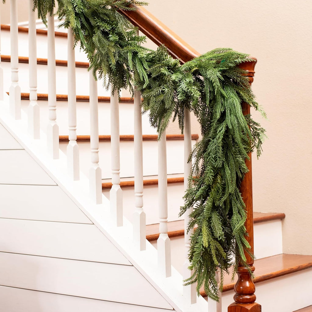 Mixed Norfolk Pine Garland with Evergreen, and Cedar Garland Artificial Realistic Greenery Branches for Decoration, Christmas Garland for Mantle, Premium Real Touch (6 Foot)