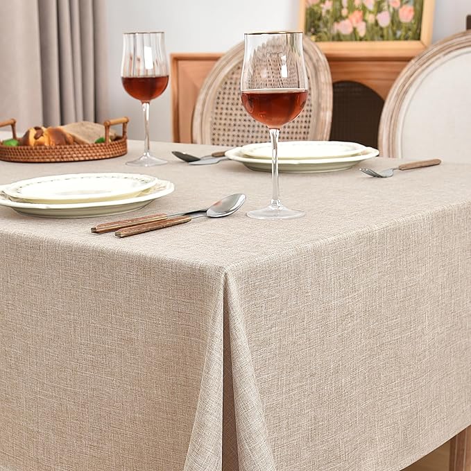 Fitable Faux Linen Beige Table Clothes Rectangle 60 x 120 Inch - 2 Pack Neutral Tablecloths for Standard 8-Seater Rectangular Dining Table(5 ft ?2.5 ft) for Dining, Party, Farmhouse, Banquet, Buffet