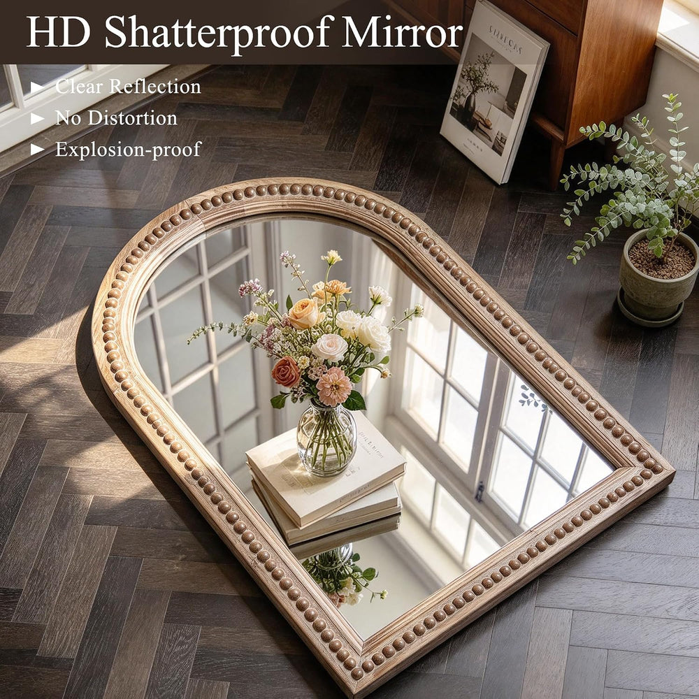 36x24 Inch Arched Wood Beaded Wall Mirror, Bathroom Vanity Farmhouse Mirror