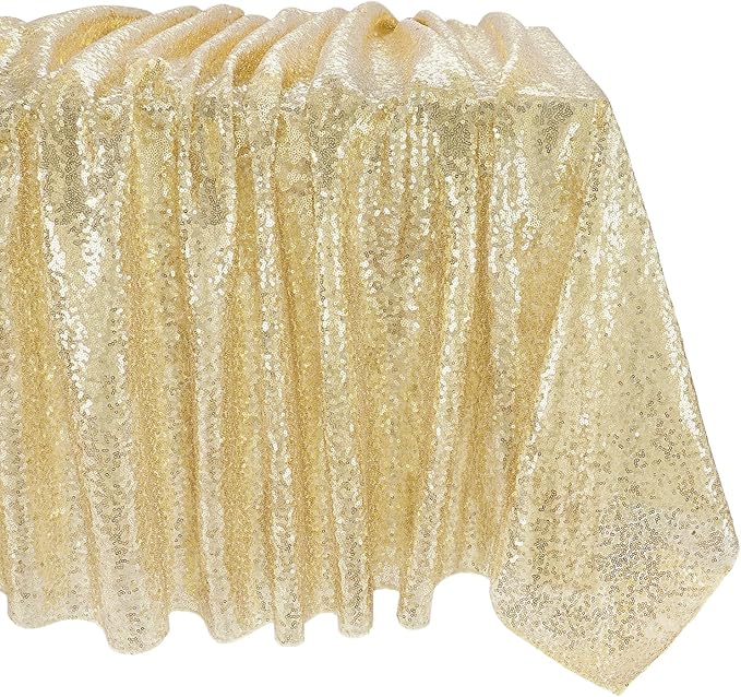 QueenDream Party Tablecloth Light Gold - 90x156 Inch Sequin Fabric Table Cloths Rectangle Cover Birthday Parties Holiday Decorations