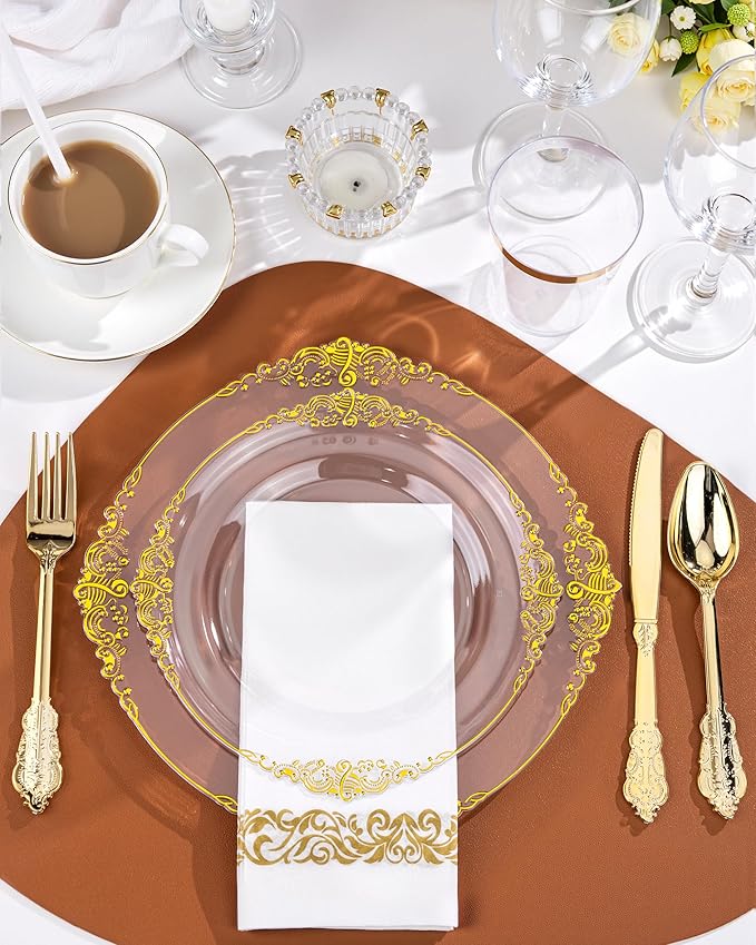 Nervure 350PCS Clear Gold Plastic Plates - Gold Plastic Dinnerware Sets for 50 Guests - 100 Disposable Plates, 150 Silverware, 50 Cups, 50 Napkins for Wedding & Party & Thanksgiving