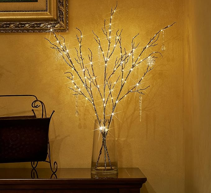 Fudios Lighted Willow Branches Christmas Glitter Battery Operated 32IN 120 LED Fairy Lights, Brown Branch Lights for Home Holiday Decoration Indoor Outdoor