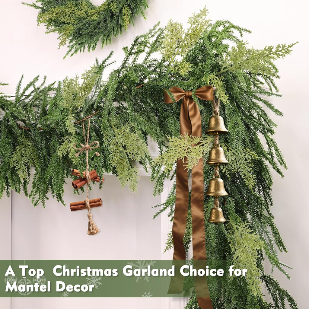 Extra Thick&Lush - 6Ft by 12 Inch Artificial Garland Norfolk Pine Garland, Real Touch Cedar Garland, Realistic Soft 120 Branch Tips Pine&Cedar Faux Greenery Cypress Garlands for Mantle Outdoor Indoor