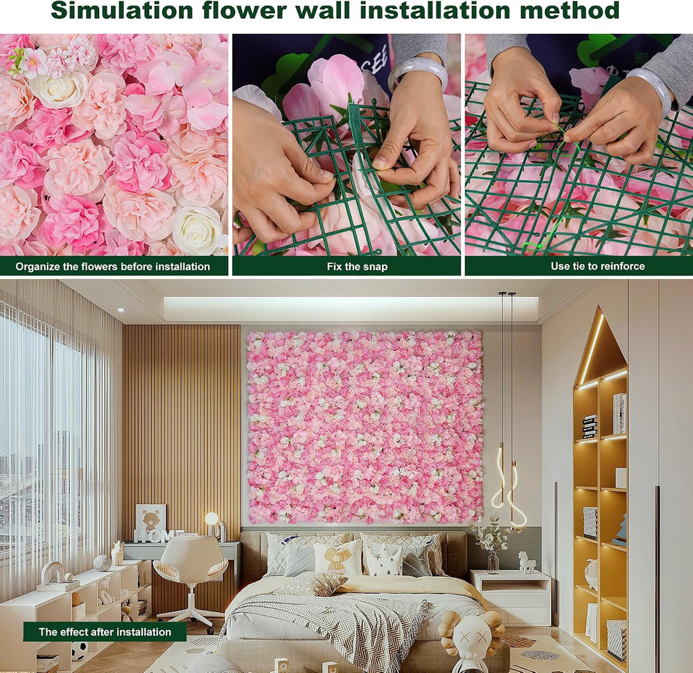 Flower Wall Backdrop 12pcs 16.5"x16.5"Artificial Floral Panels-Pink