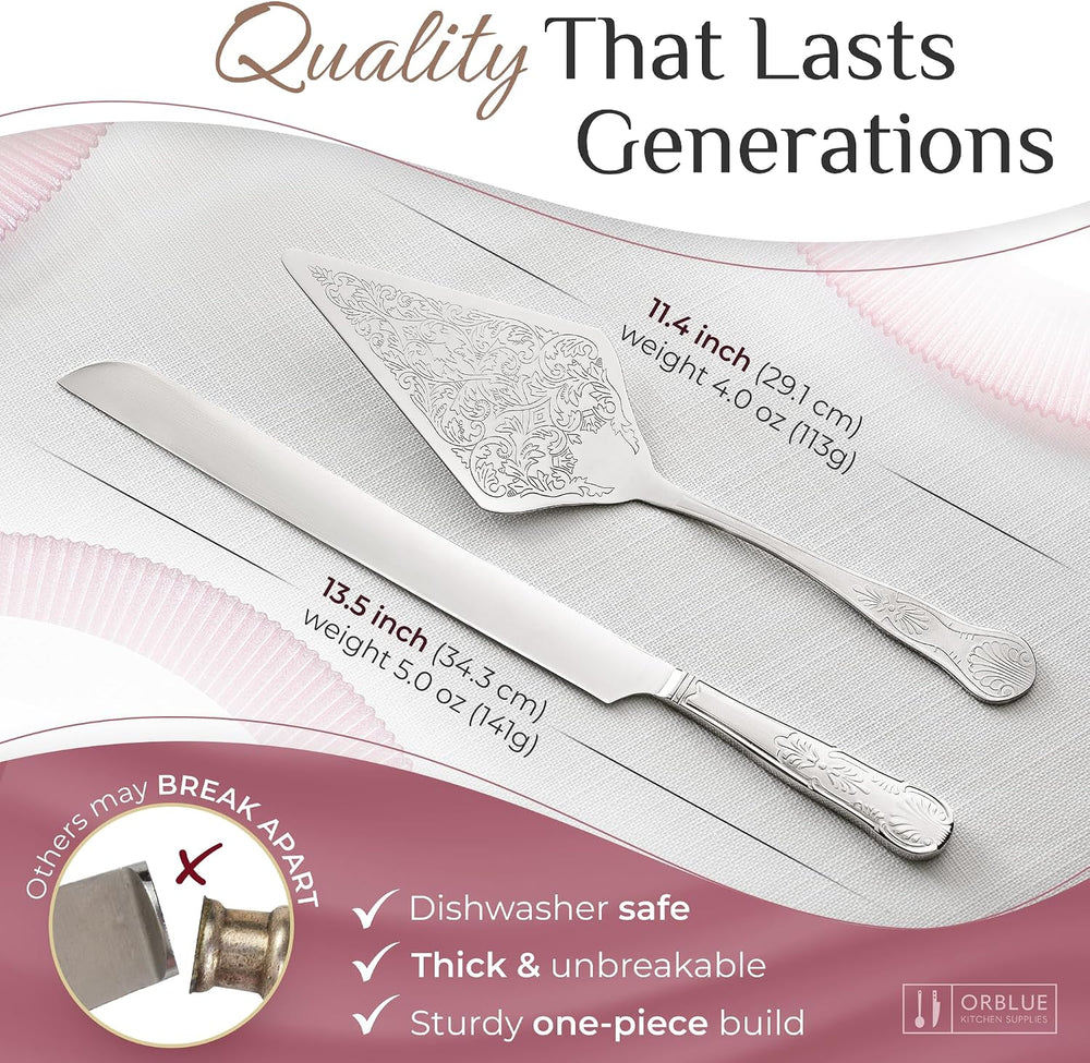 Orblue Wedding Cake Knife and Server Set - Premium, Beautifully Engraved Cutt...