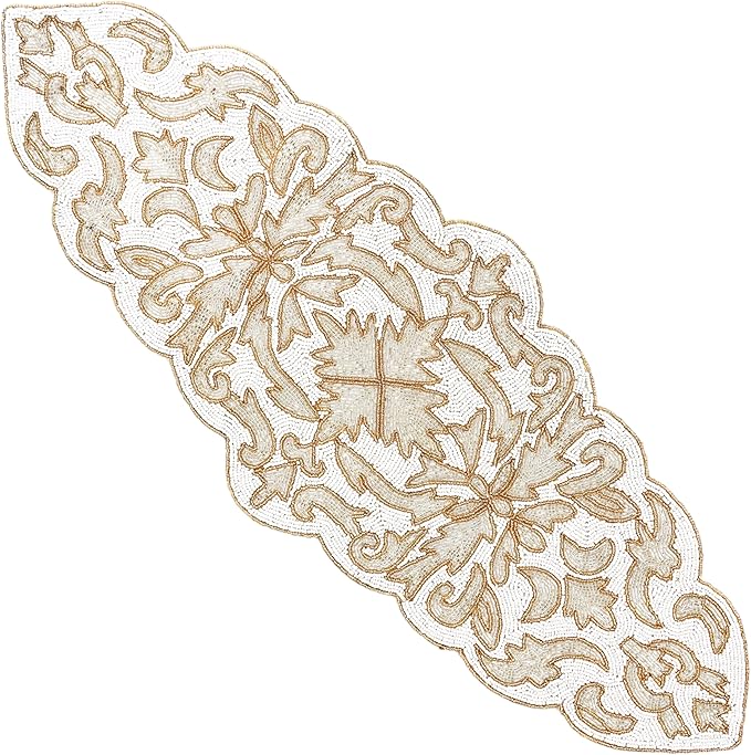 Beaded Table Runner 13 x 36 Inches - Elegant Dining Table Centerpiece with Glass Beads & Polyester Back, Handmade Decorative Runner for Weddings, Parties & Holiday Décor (White & Gold) - CLEENTABLE