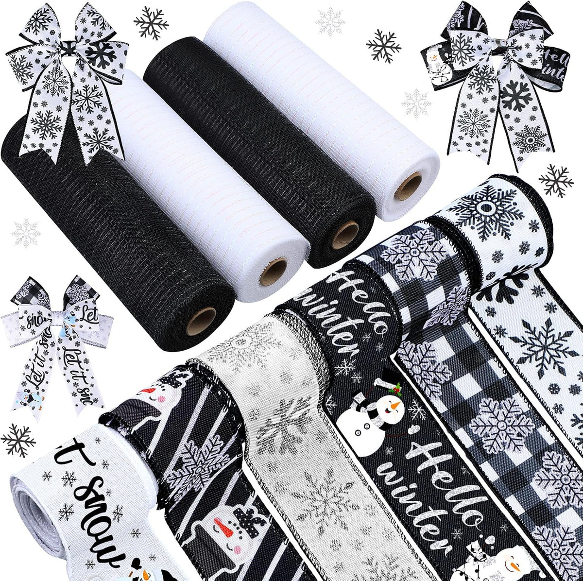 10 Pcs Winter Ribbons 4 Roll Mesh Ribbon 6 Roll Wired Ribbon Black