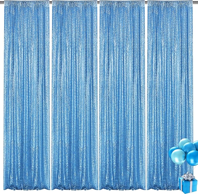 Blue Sequin Backdrop Curtain 4 Pieces 2FTx8FT Glitter Photography Backdrop for Party Wedding Birthday Christmas Decorations