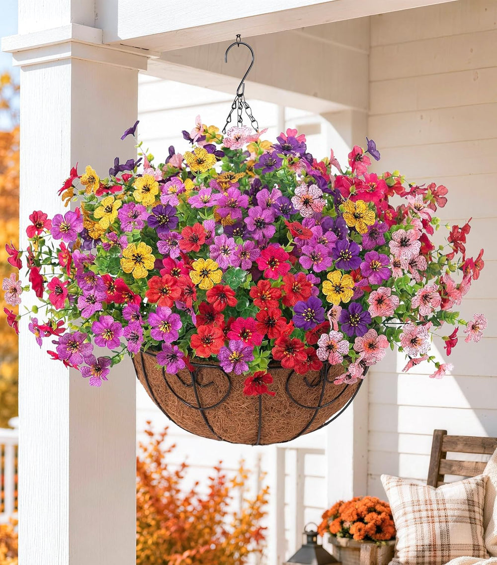 Artificial Fake Hanging Plants Flowers with Basket Outdoor Decor Faux Silk Da...