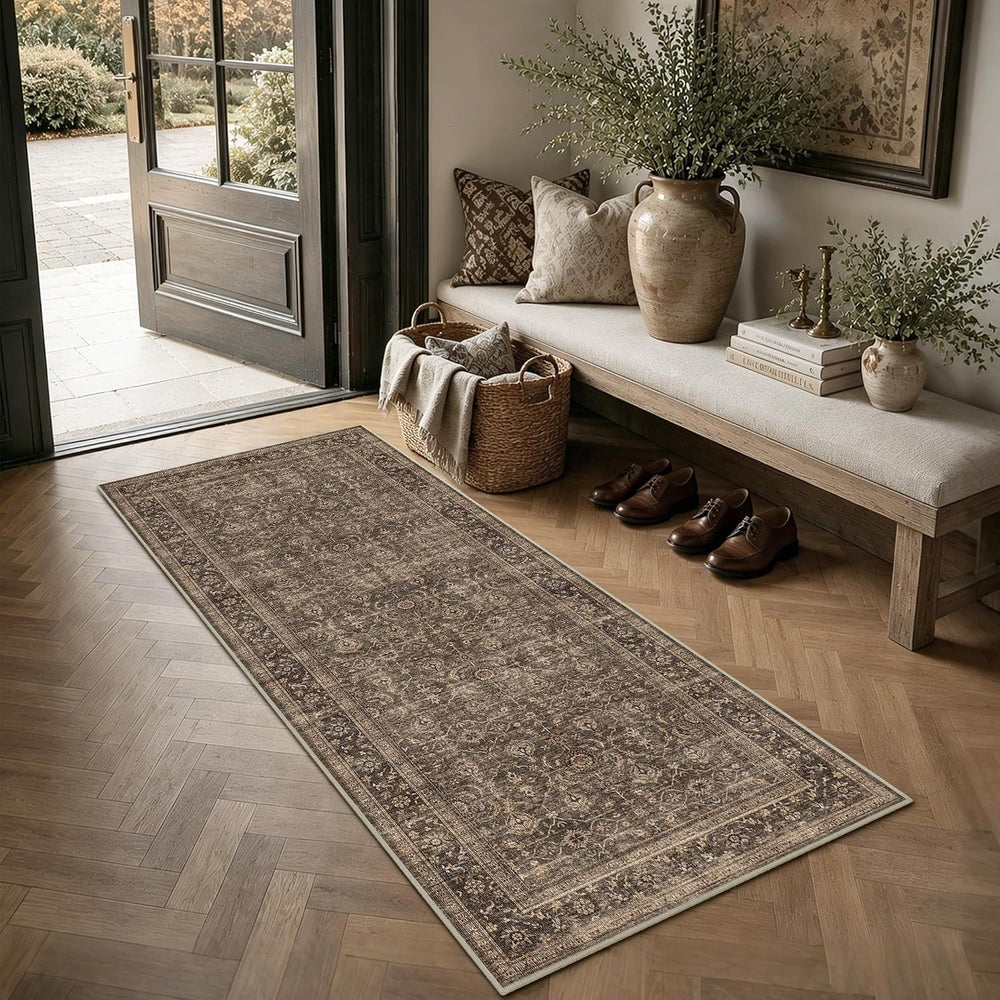 2x5 Brown Vintage Floral Low Pile Non Slip Washable Boho Runner Rug