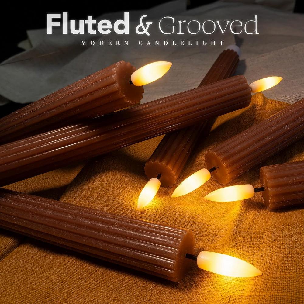 6 Pack, 10" LED Flameless Real Wax Brown Tan Fluted Ribbed Grooved Taper...
