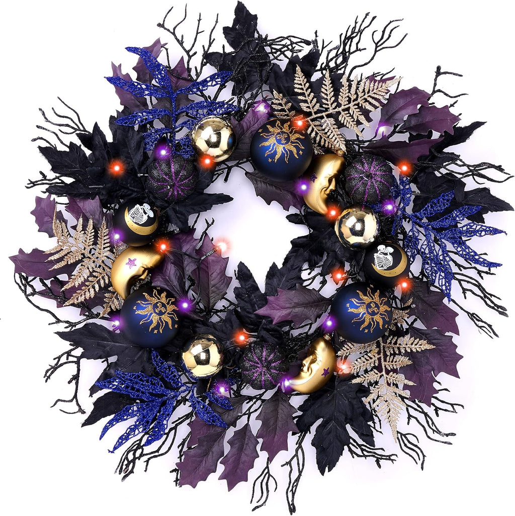 DecorbyHannah 24'' Pumpkins Halloween Wreath with Lights for Front Door