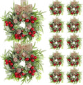 Dingion 12 Pcs Small Christmas Wreaths with Pine Cones Berry Burlap Ribbon
