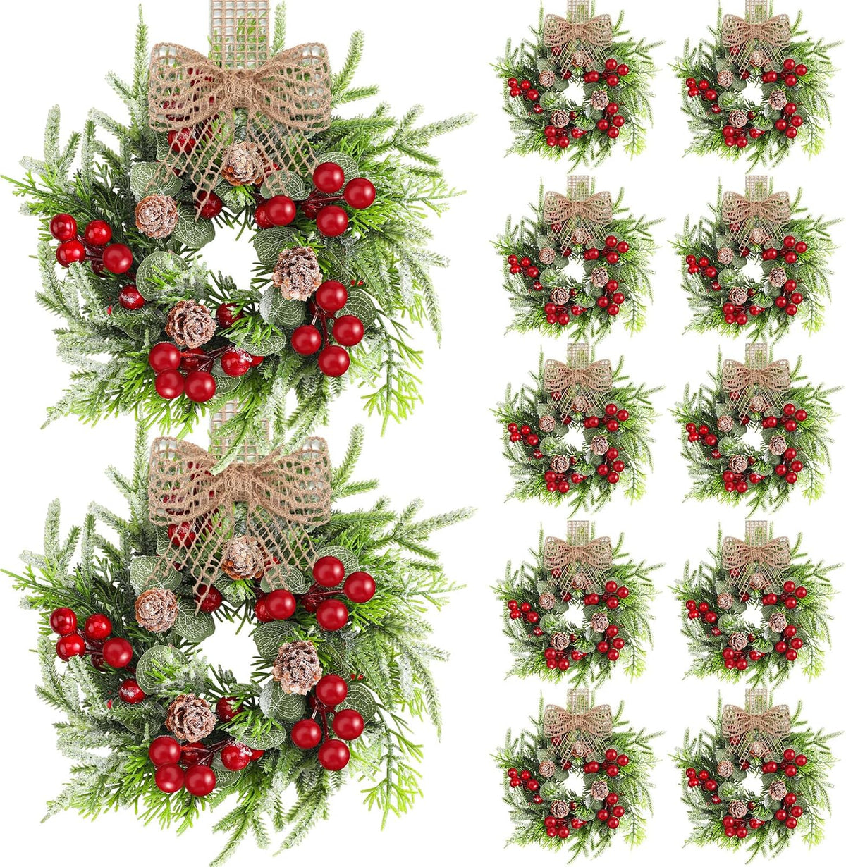 Dingion 12 Pcs Small Christmas Wreaths with Pine Cones Berry Burlap Ribbon