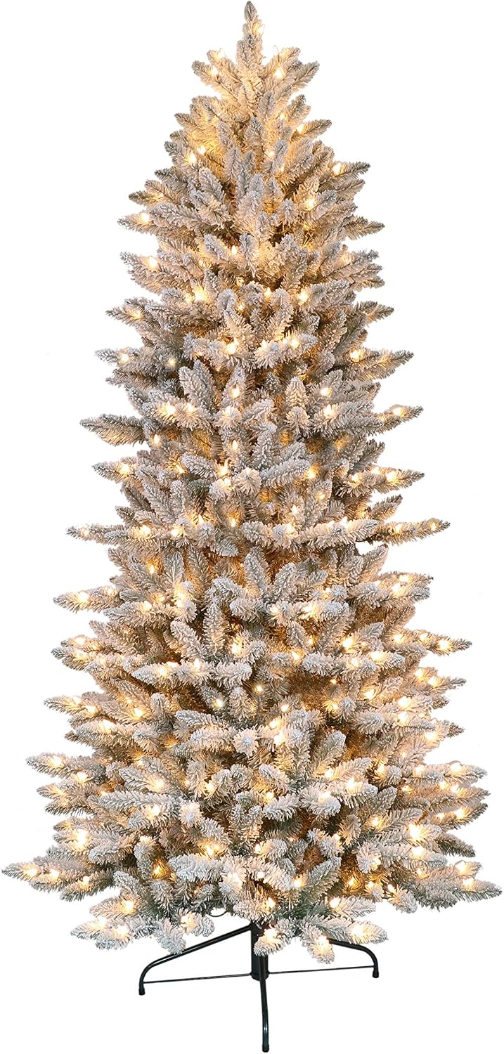 Puleo International 6.5 Foot Pre-Lit Slim Flocked Fraser Fir Artificial Chris...