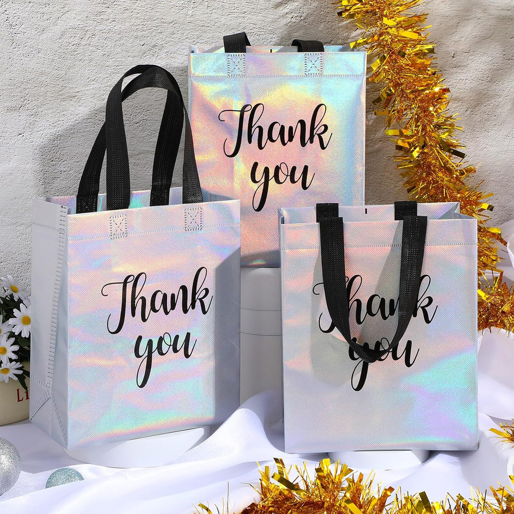 Fumete 50 Pcs Iridescent Glossy Thank You Gift Bag with Handles