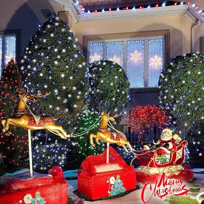YEGUO 165ft 500 LED Christmas Lights Outdoor Waterproof, Blue and White String Light Indoor, 8 Modes Green Wire Twinkle Tree Lights Plug in with Memory Timer