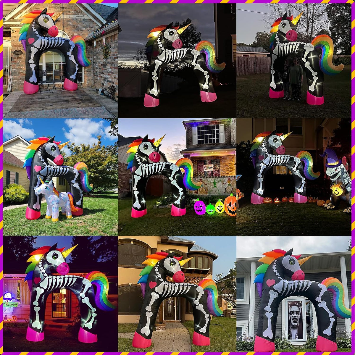 11ft giant halloween inflatables arch, rainbow skeleton unicorn, close-up detail