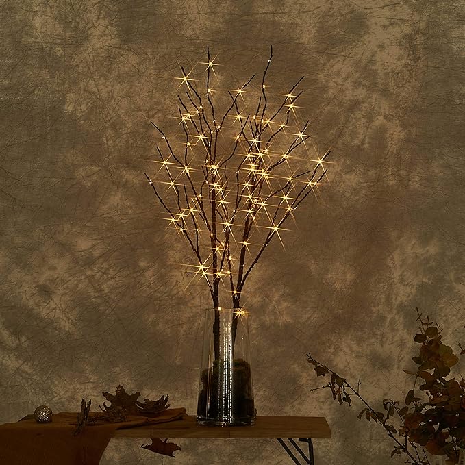 LITBLOOM Lighted Brown Willow Branches 32IN 100 LED with Timer Battery Operated, Tree Branch with Warm White Lights for Holiday Christmas Decoration Indoor Outdoor Use