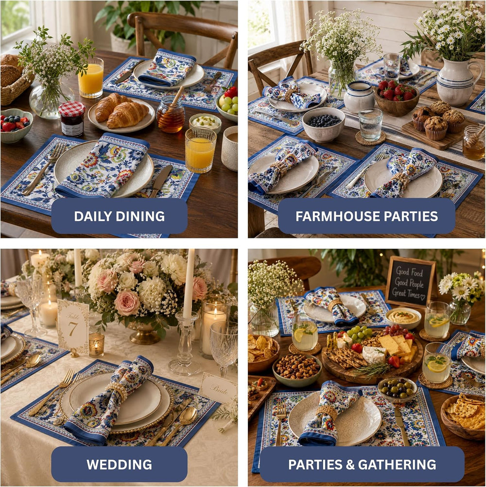 FINGERCRAFT Cloth Napkins Set of 12 Cotton Linen, 20x20 Inch, Blue Floral