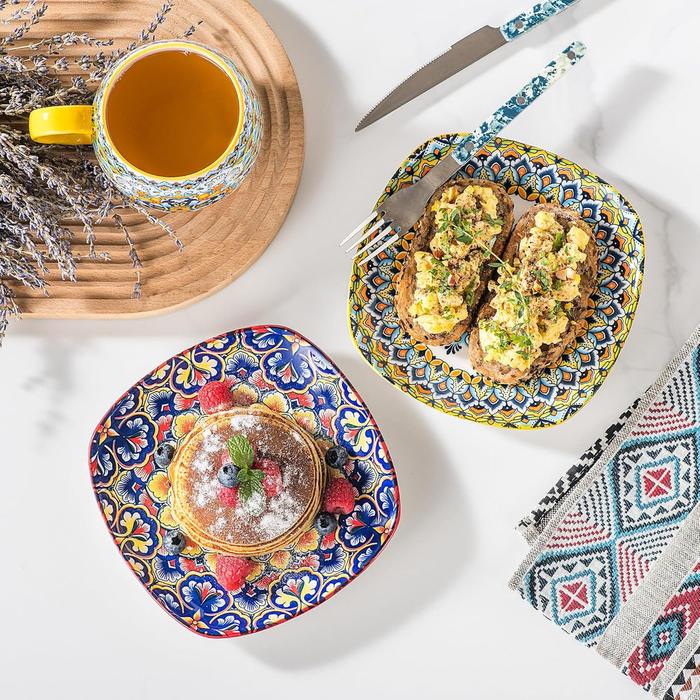 Boho Ceramic Dessert Plates Set of 6, 7.3 Inch Square Appetizer Plates