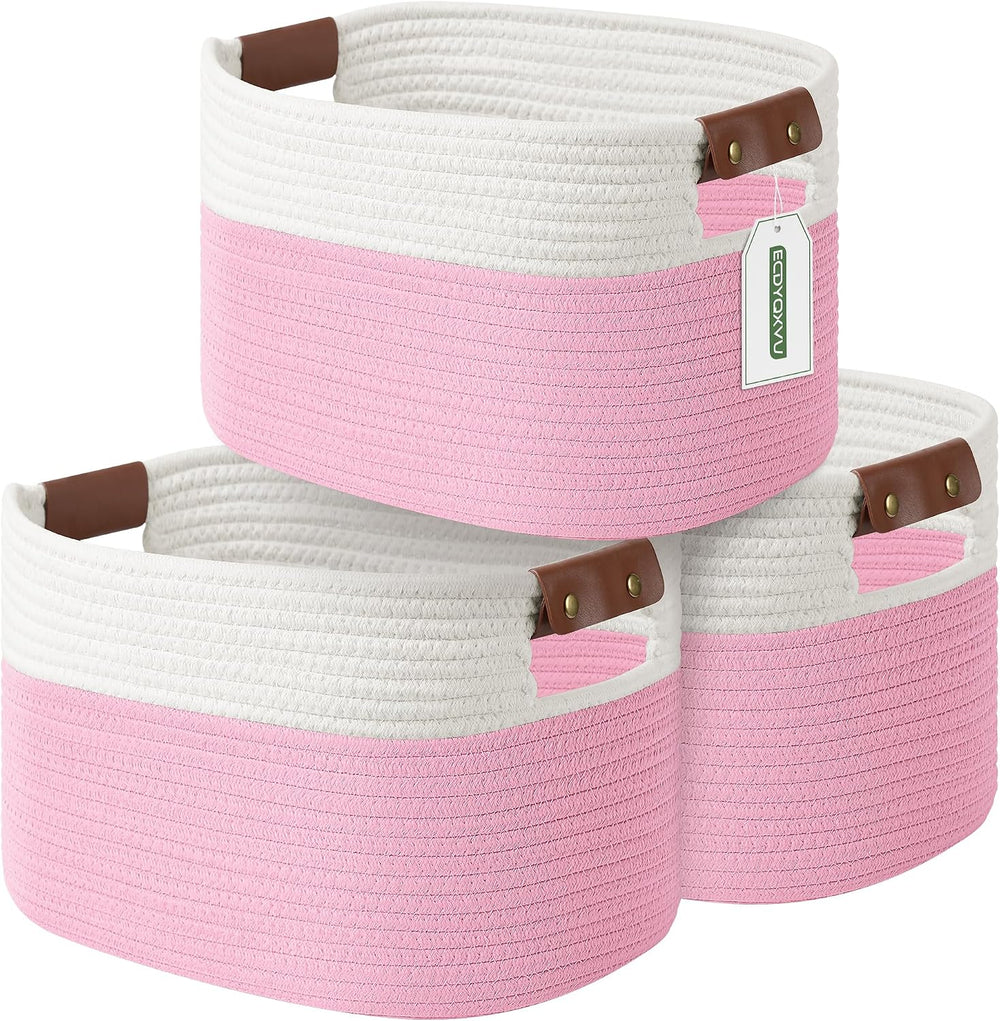 ECDYQXVU 15x10x9 Woven Cotton Rope Storage Basket, Leather Handles 3 Pack