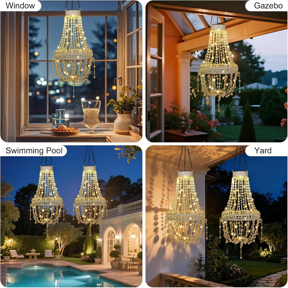 Solar Chandelier Outdoor, Crystal Hanging Solar Garden Lights Waterproof