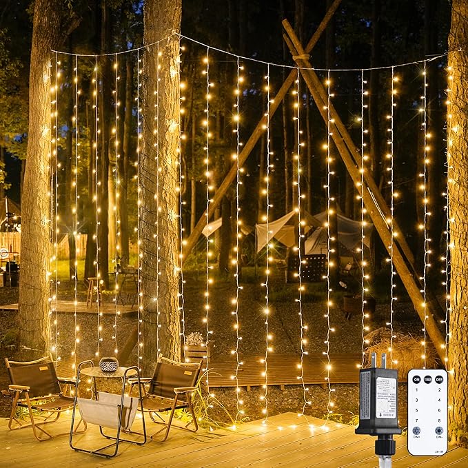 JMEXSUSS 900 LED Outdoor Christmas Curtain Lights, 9.5x29.5ft Christmas Lights Plug in with Remote, Twinkle Hanging String Light for Bedroom Wall Wedding Backdrop Window Gazebo Decor, Warm White