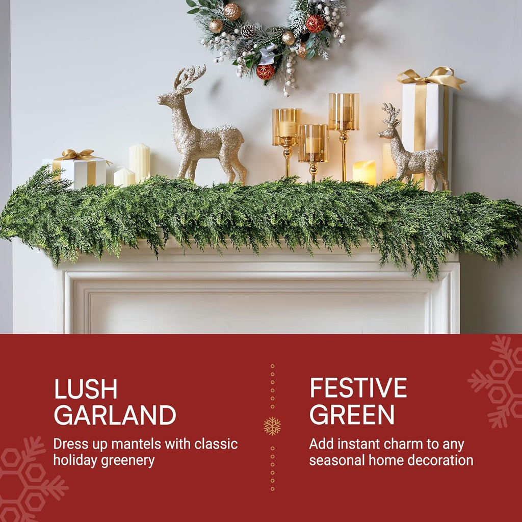 JOYIN 6 FT Cedar Christmas Garland, Realistic Pine Designed Thick Lush & Bendable, Green Christmas Garland for Mantle, Table, Porch, Indoor, Xmas Party Decorations