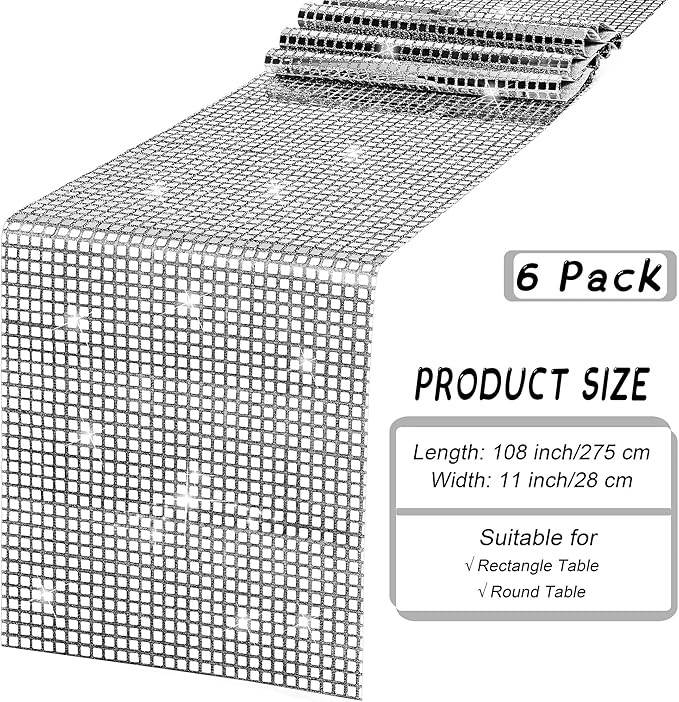 Durony 6 Pack Disco Party Table Runners, 11 x 108 Inch Silver Glitter Foil with Sparkle Sequin, Ideal for Bachelorette, 70s, Disco, Cowgirl Parties